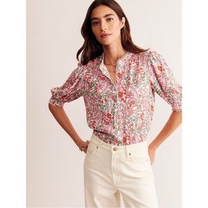 NWT Boden Ara Top Pink Floral Short Puff Sleeve Button Blouse 12